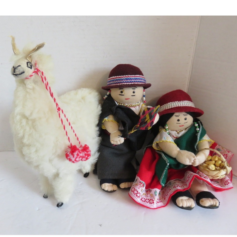Vintage Peruvian Folk Art Cloth Dolls and Llama Set 3 Piece Andean Traditional